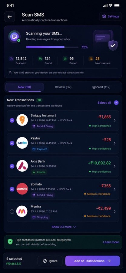 AnyXpense scanning bank SMS and automatically finding transactions
