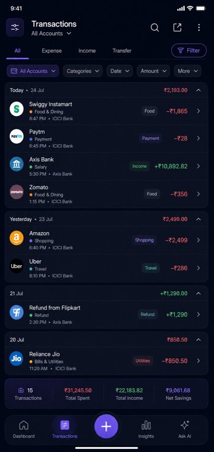 AnyXpense transaction list grouped by day, showing merchant, category, and amount